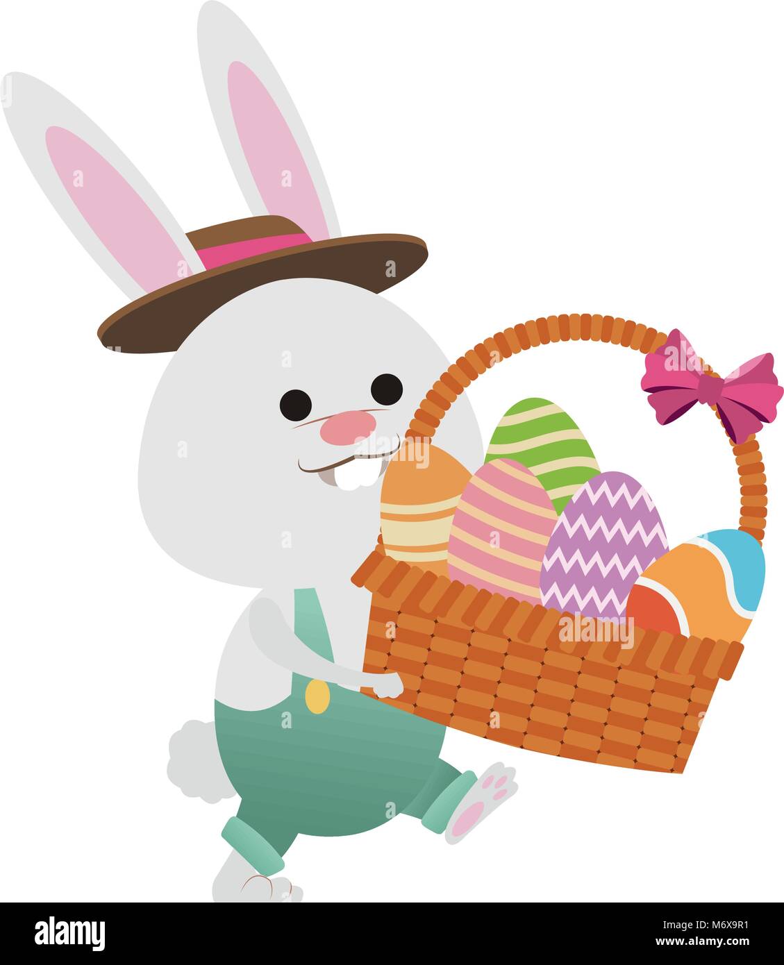 Cute rabbit holding basket with easter eggs icon vector illustration ...