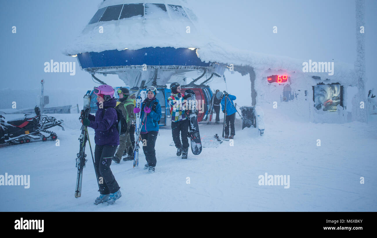 skiiers and snowboarders disembark from a gondola at Levi ski resort Stock  Photo - Alamy