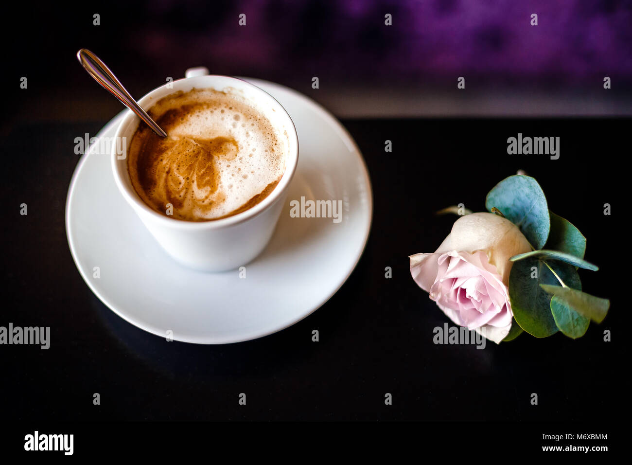 A Cup Of Hot Coffee And Flower Of Rose Stock Photo Alamy