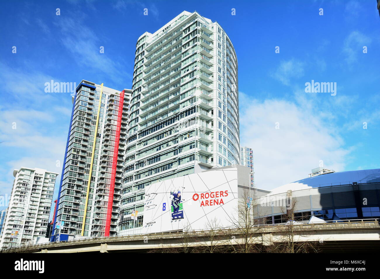 Rogers arena alongside luxury condos in Vancouver BC,Canada Stock Photo