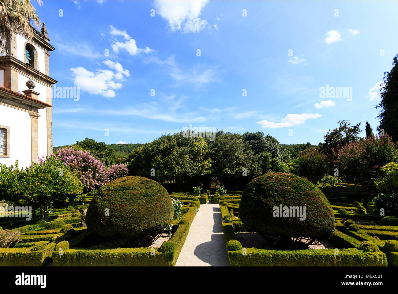 View of the tailored boxwood hedges of the Mateus Palace gardens, in Vila Real, Portugal Stock Photo