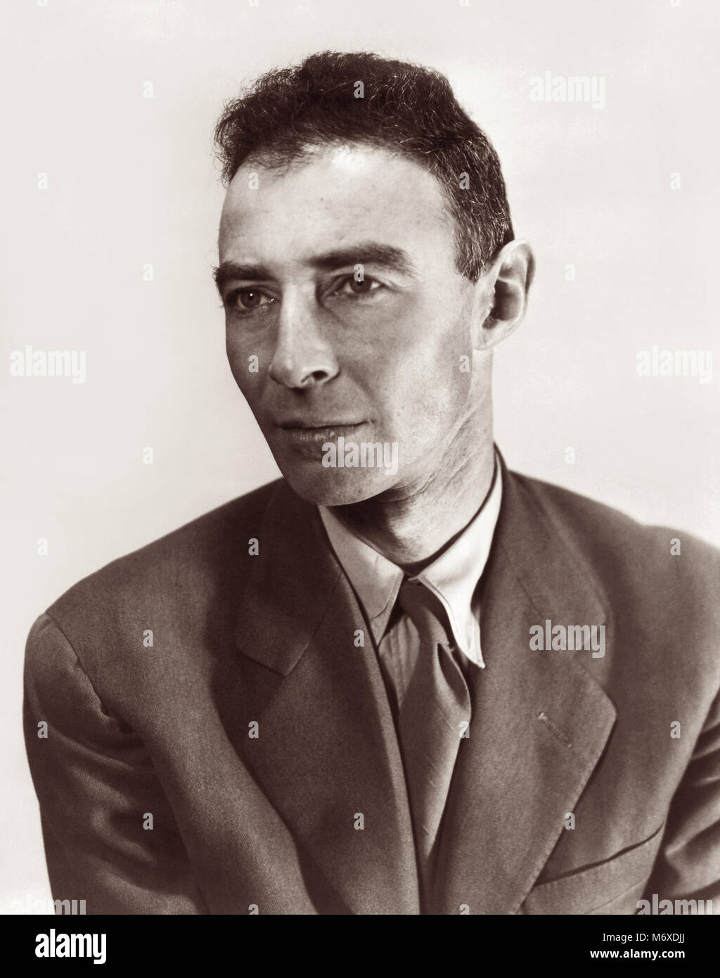 J. Robert Oppenheimer (1904–1967) was an American theoretical physicist and participant in the Manhattan Project's development of the atomic bomb during World War II as wartime head of the Los Alamos Laboratory in New Mexico. Stock Photo