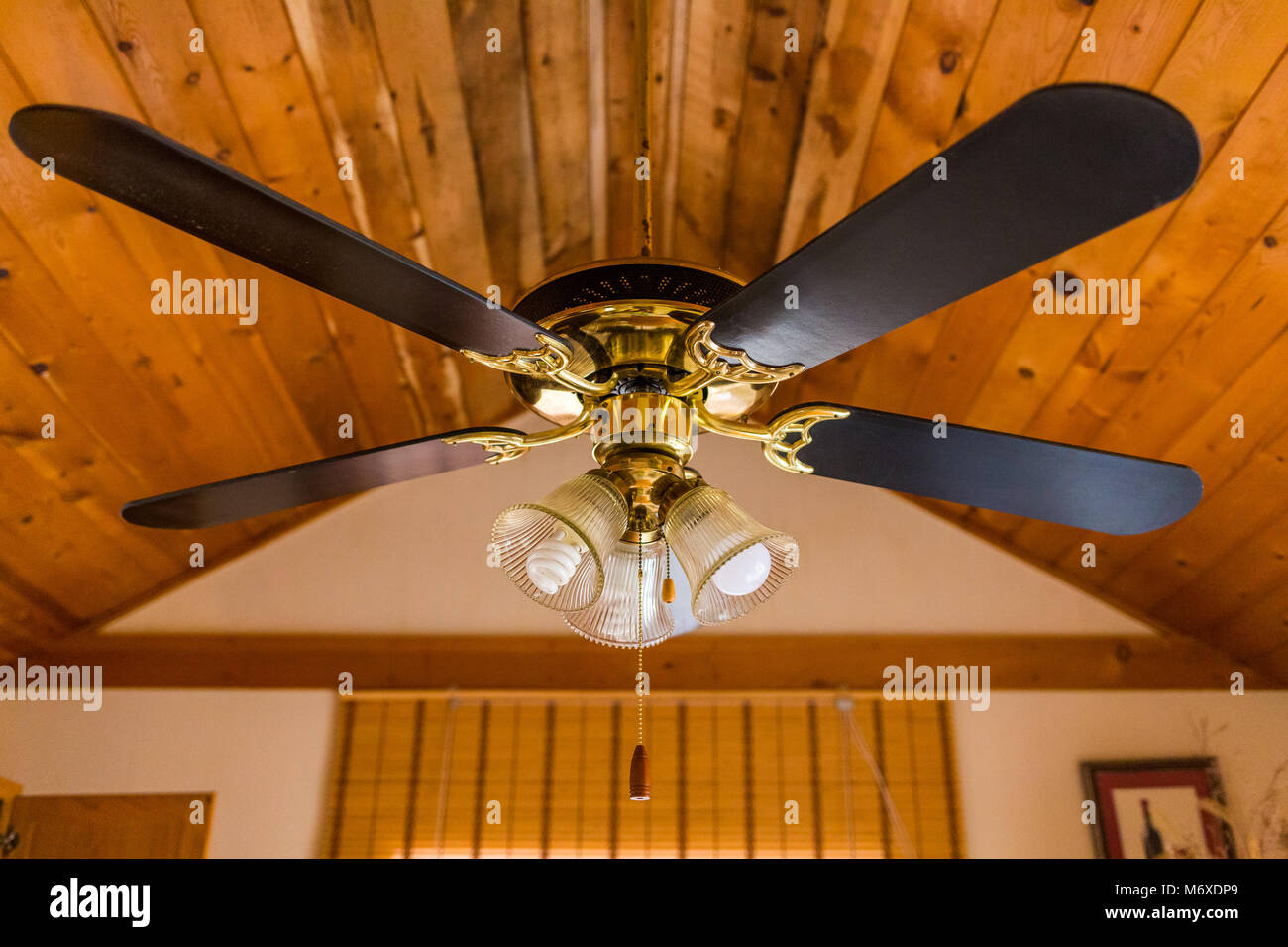 Vintage ceiling wooden fan with lamp propeller Stock Photo Alamy
