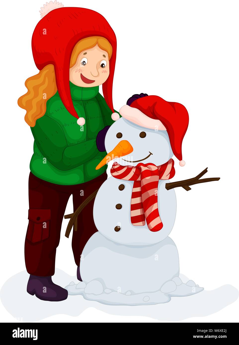 Girl playing with snowman illustration Stock Vector