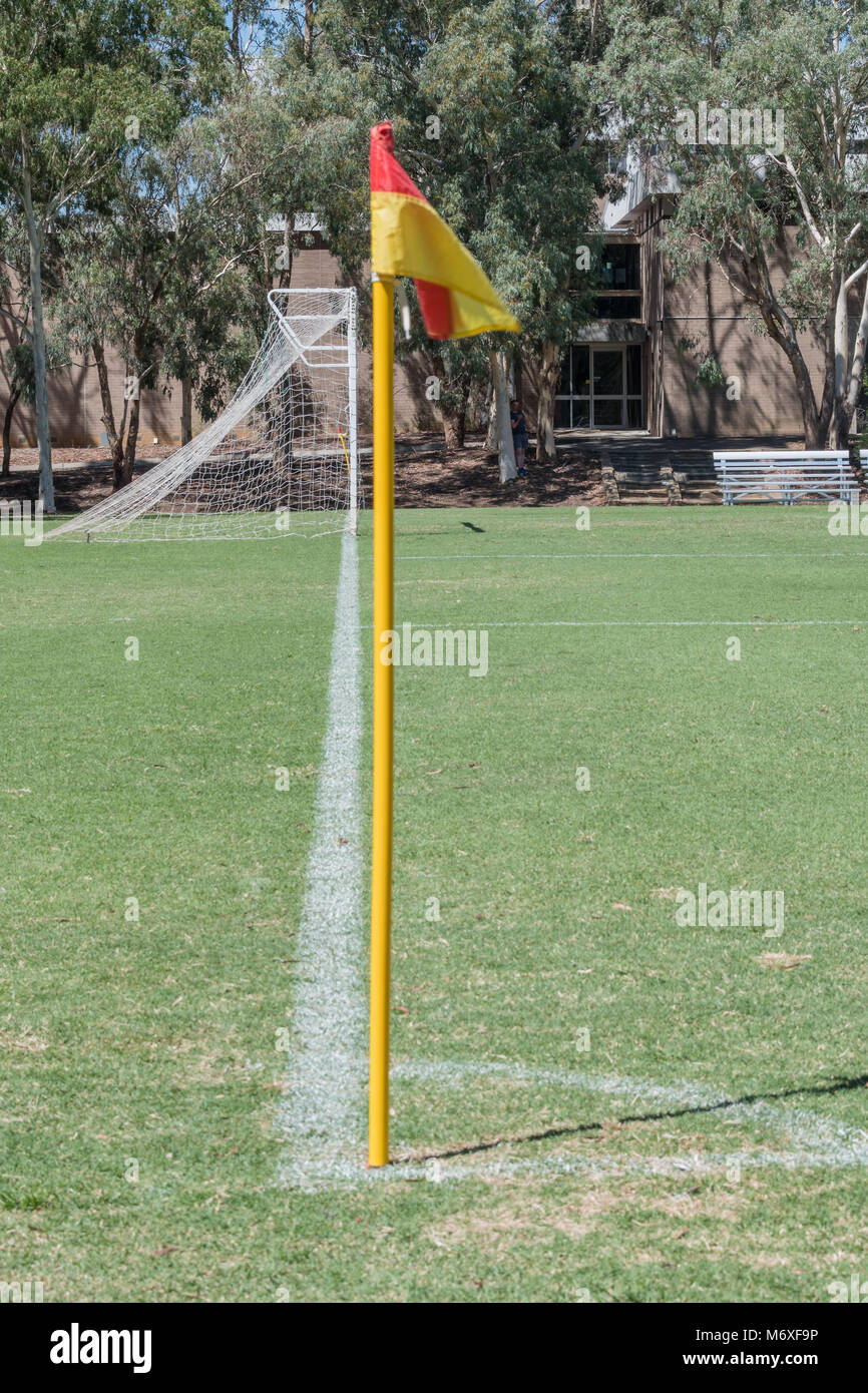 Soccer field showing the corner flag and the soccer goals Stock Photo