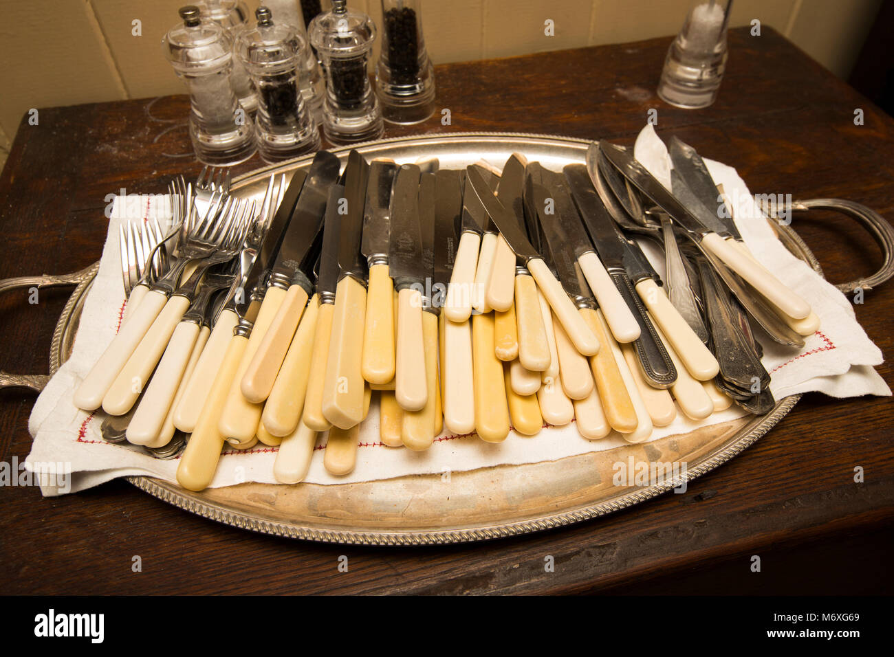 Cutlery at breakfast in a country hotel, Wiltshire, UK Stock Photo