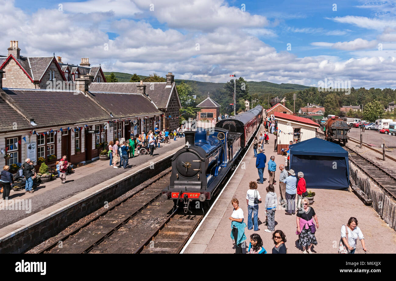 Caledonian Railway 0-6-0 C.R. No. 828 arrives at the Railway Station during the Boat of Garten Steam Fair July 2010 Speyside Highland Scotland UK Stock Photo