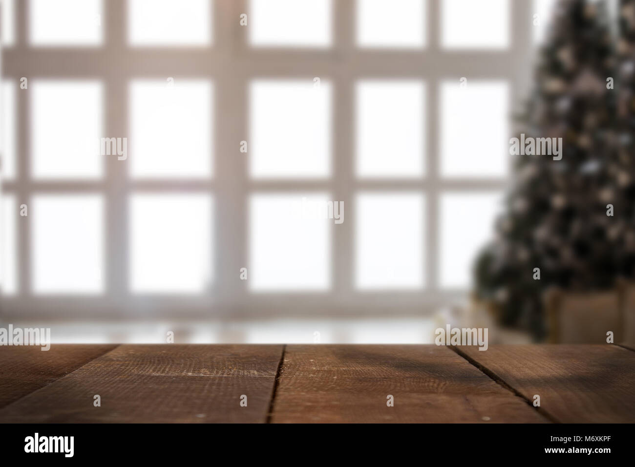 Christmas tree Decorated and big window blurred Stock Photo