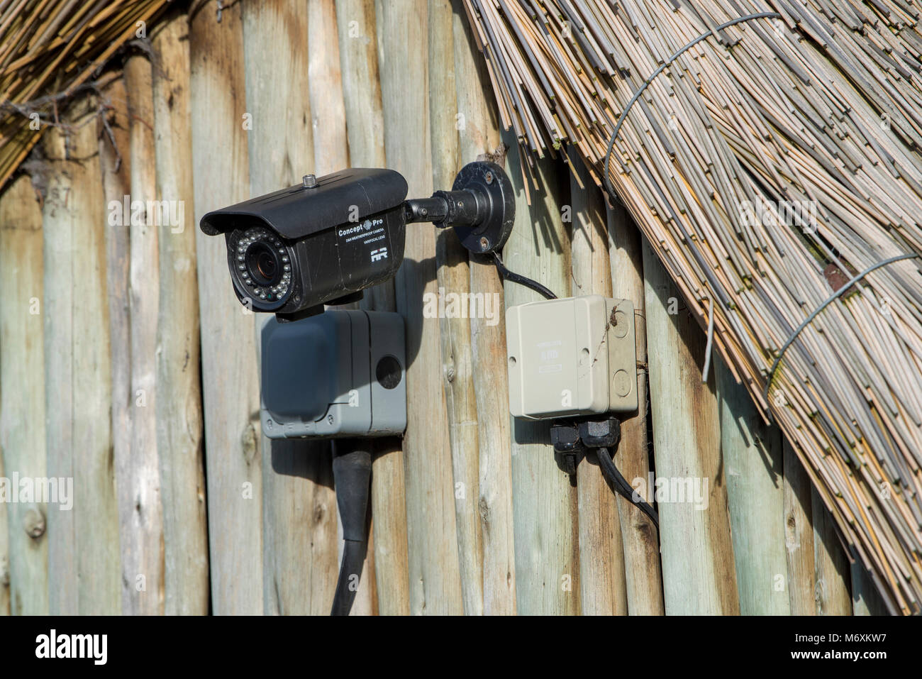 Security camera on a wooden building, Chester Zoo, Chester, Cheshire. Stock Photo