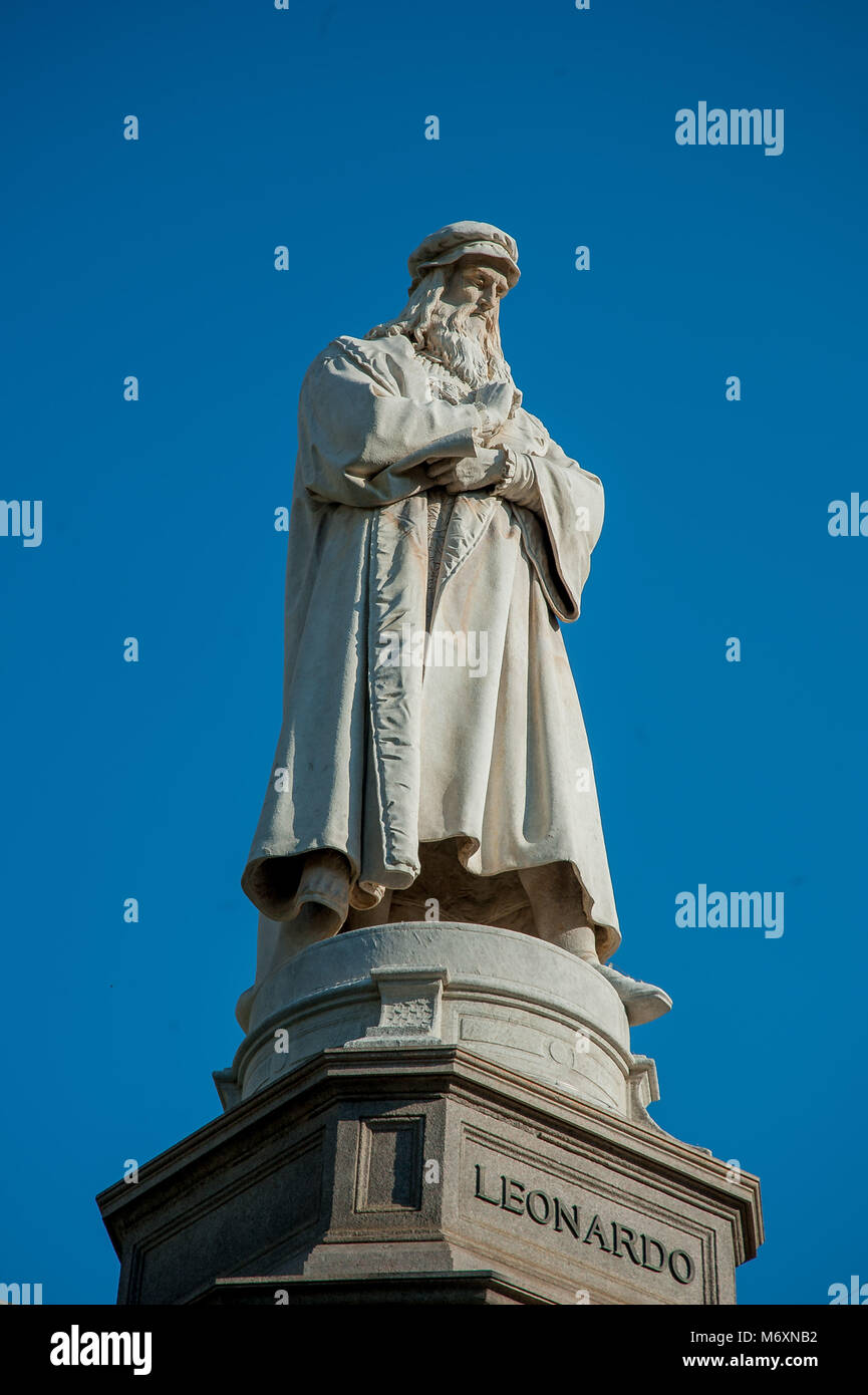 statue of Leonardo da Vinci in Milan square of the scale Stock Photo