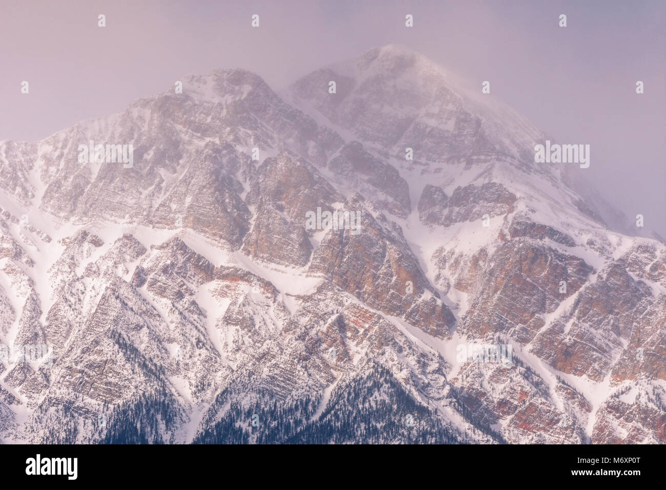 Pyramid Mountain peak in winter during pink sunrise, Jasper National ...