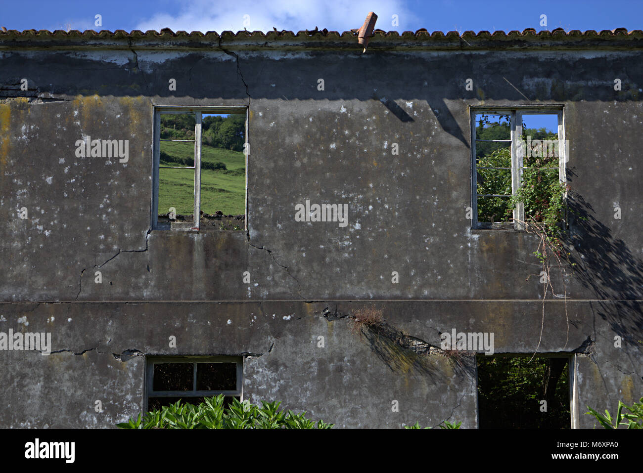 Ruins of house after the 1998 earthquake in Ribeirinha, island of Faial, Azores, Portugal Stock Photo