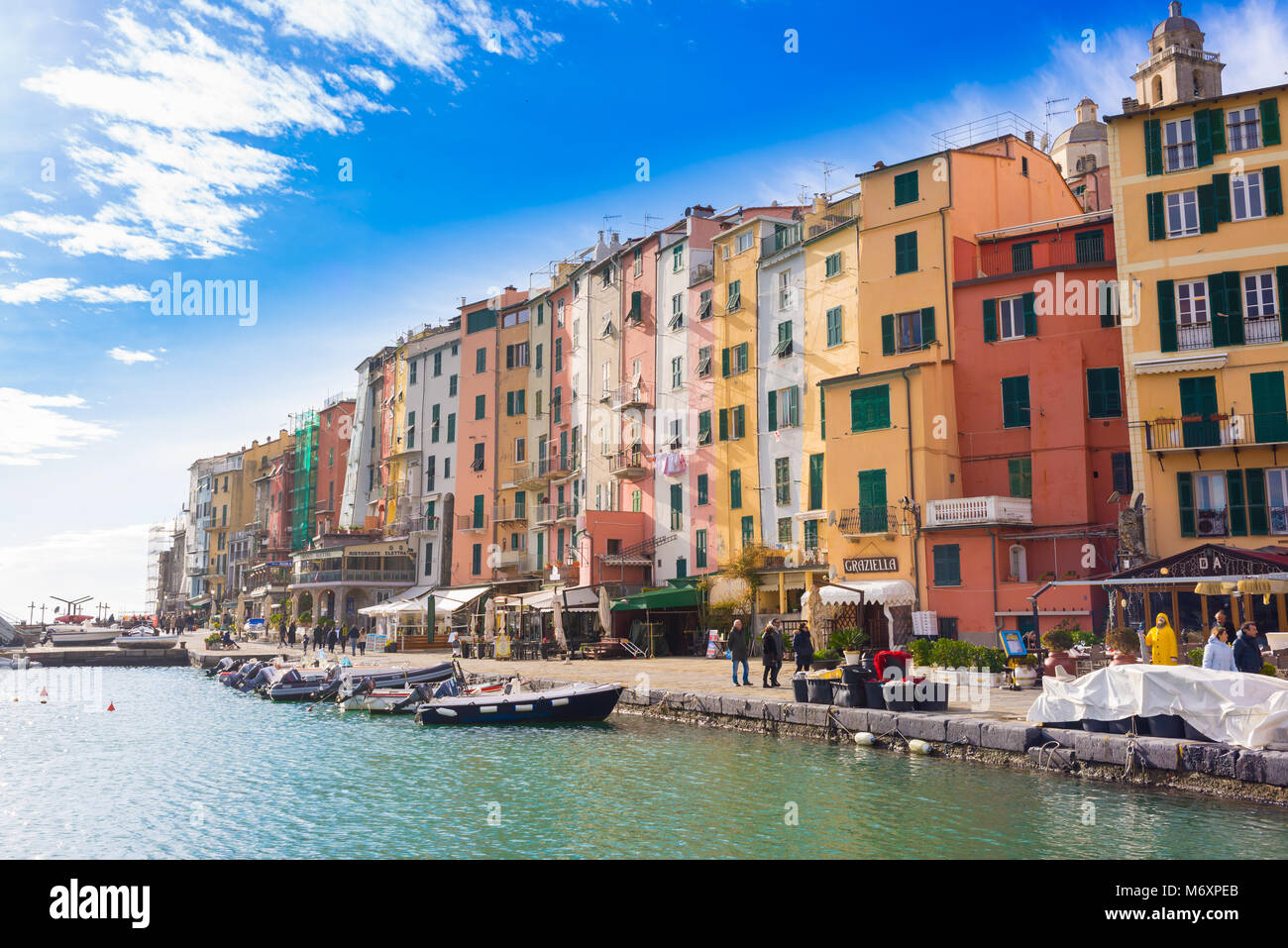 The beautiful town of Porto Venere, also called Portovenere, with characteristic medieval buildings and harbour. Cinque Terre, Liguria, Italy Stock Photo