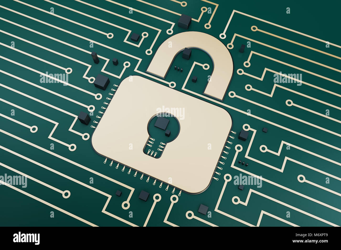 Locks and Circuit Boards, Technology Finance Stock Photo