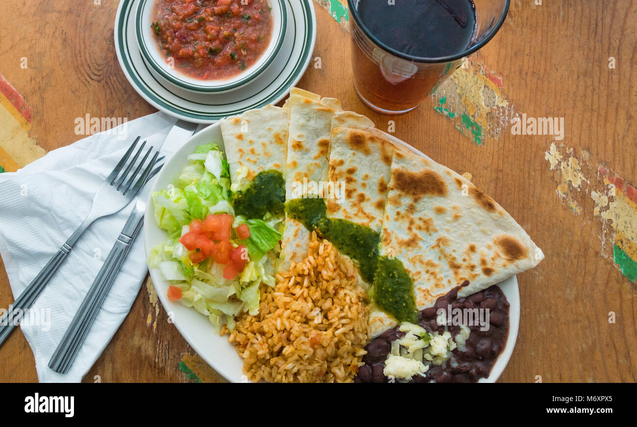 Quesadillas with black beans, brown rice, and salad, with salsa fresca