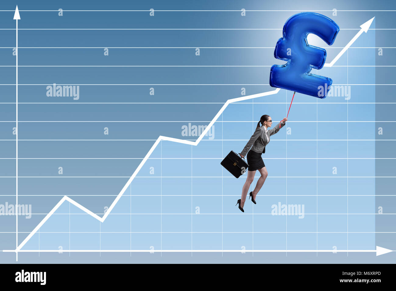 Businesswoman flying on british pound sign inflatable balloon Stock ...