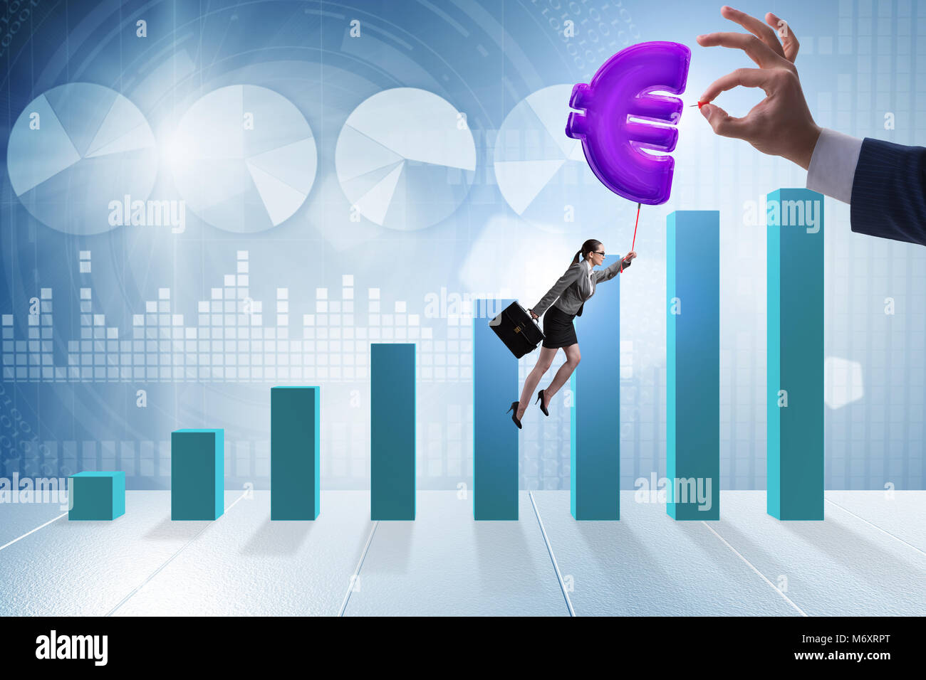 Businesswoman flying on euro sign inflatable balloon Stock Photo - Alamy