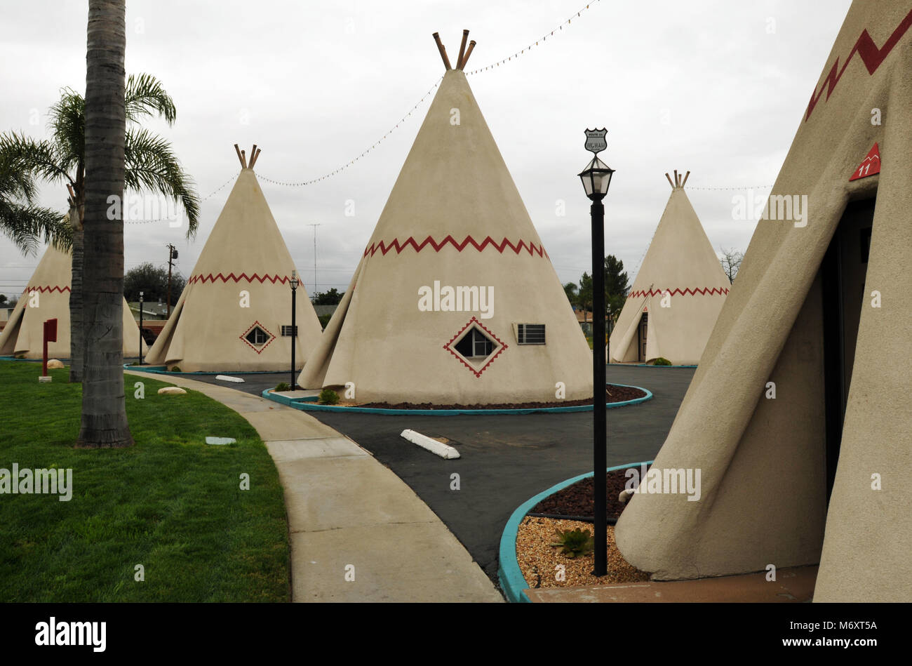 The Wigwam Motel in San Bernardino, CA, is one of three surviving Wigwam Villages in the USA. The Route 66 landmark was completed in 1949. Stock Photo