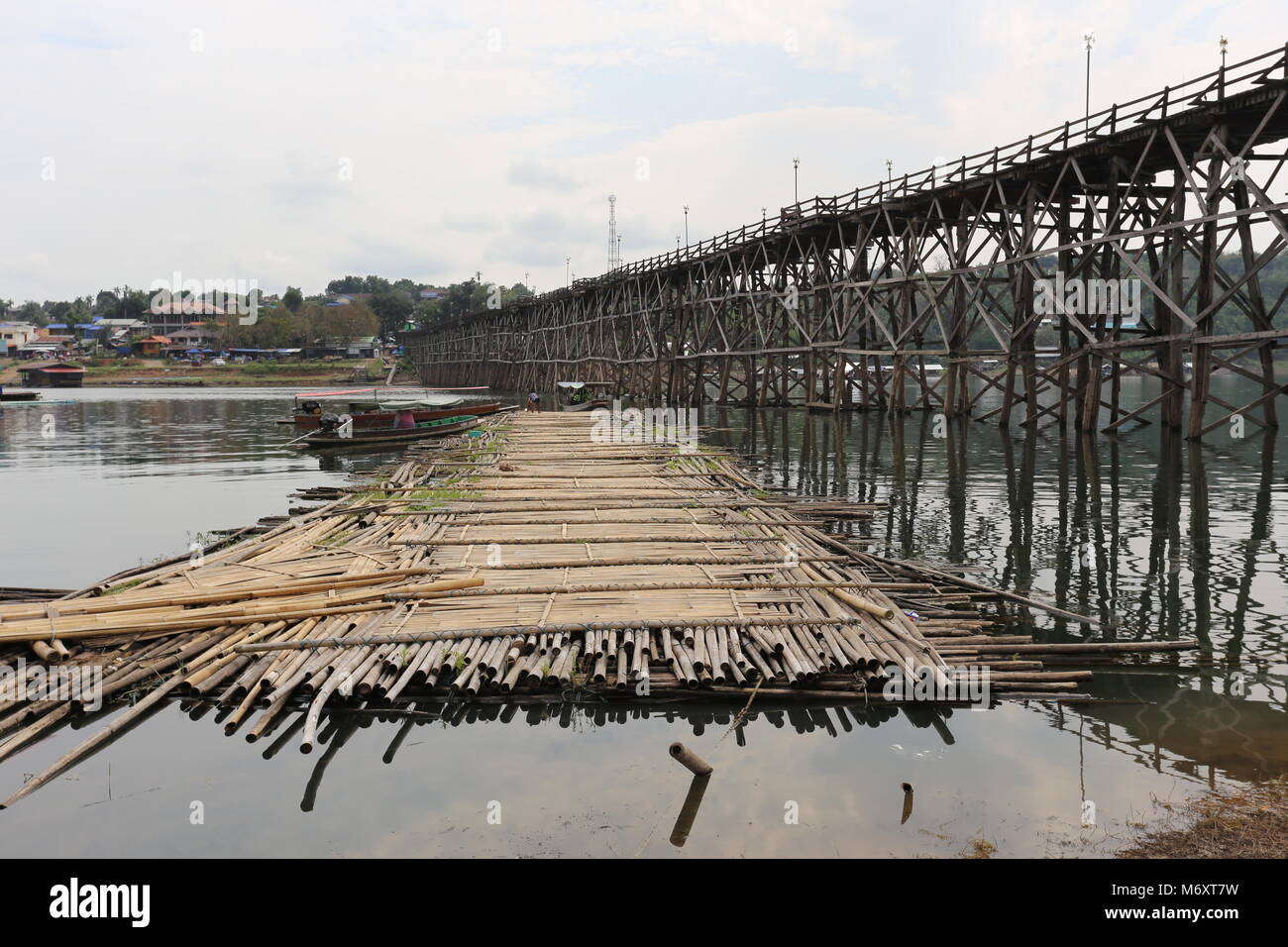 The Mon Bridge in Sangklaburi, Kanchanaburi Province, Thailand. Stock Photo