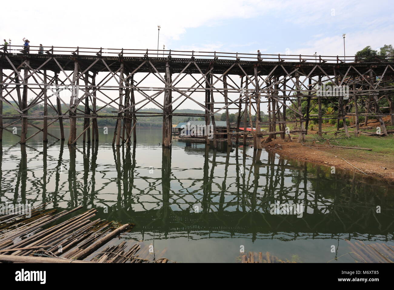 The Mon Bridge in Sangklaburi, Kanchanaburi Province, Thailand. Stock Photo
