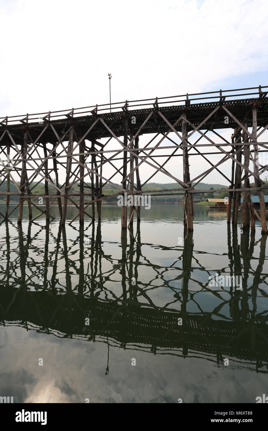 The Mon Bridge in Sangklaburi, Kanchanaburi Province, Thailand. Stock Photo