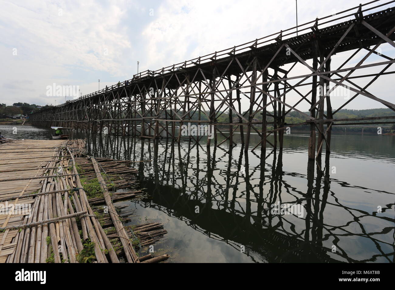 The Mon Bridge in Sangklaburi, Kanchanaburi Province, Thailand. Stock Photo
