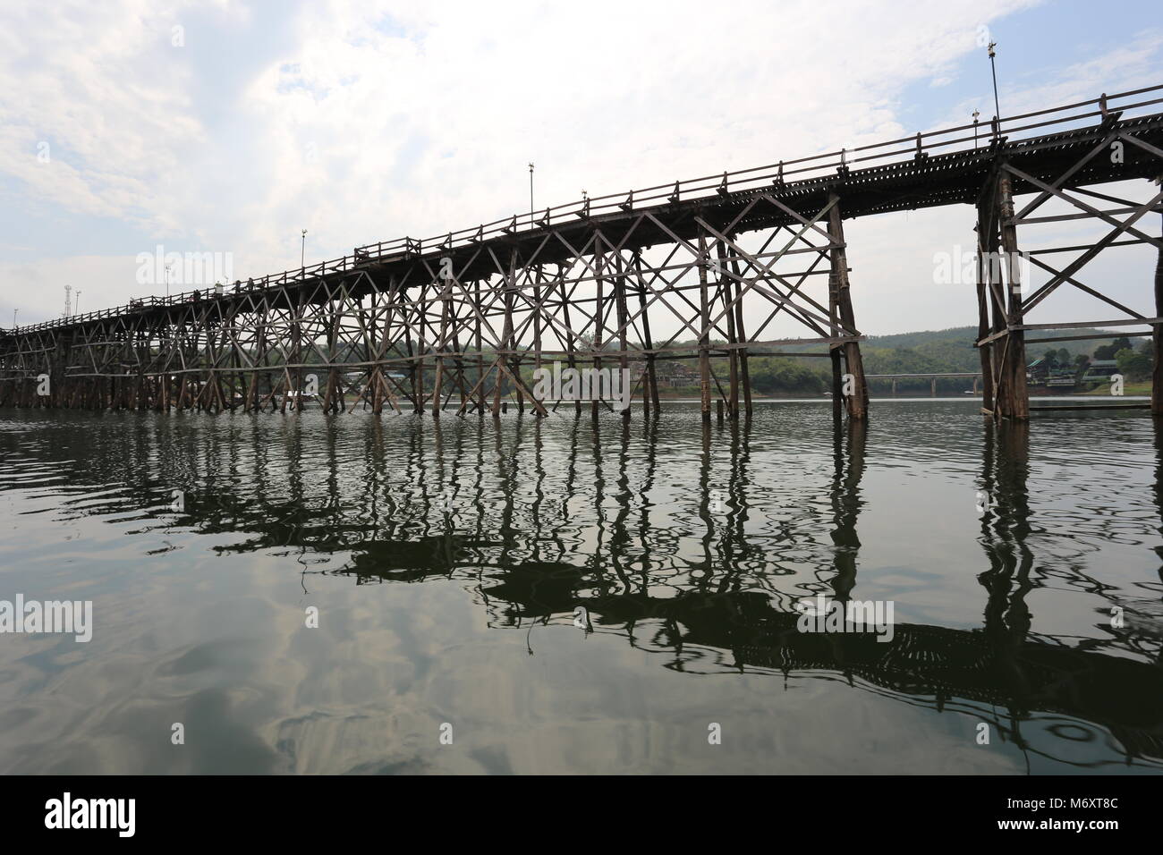 The Mon Bridge in Sangklaburi, Kanchanaburi Province, Thailand. Stock Photo