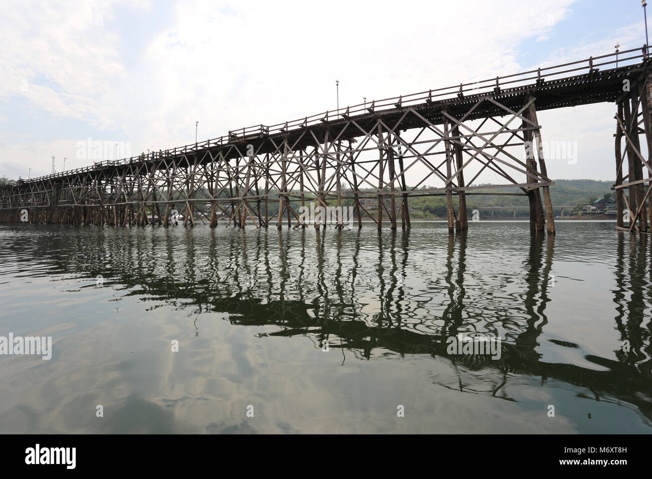 The Mon Bridge in Sangklaburi, Kanchanaburi Province, Thailand. Stock Photo