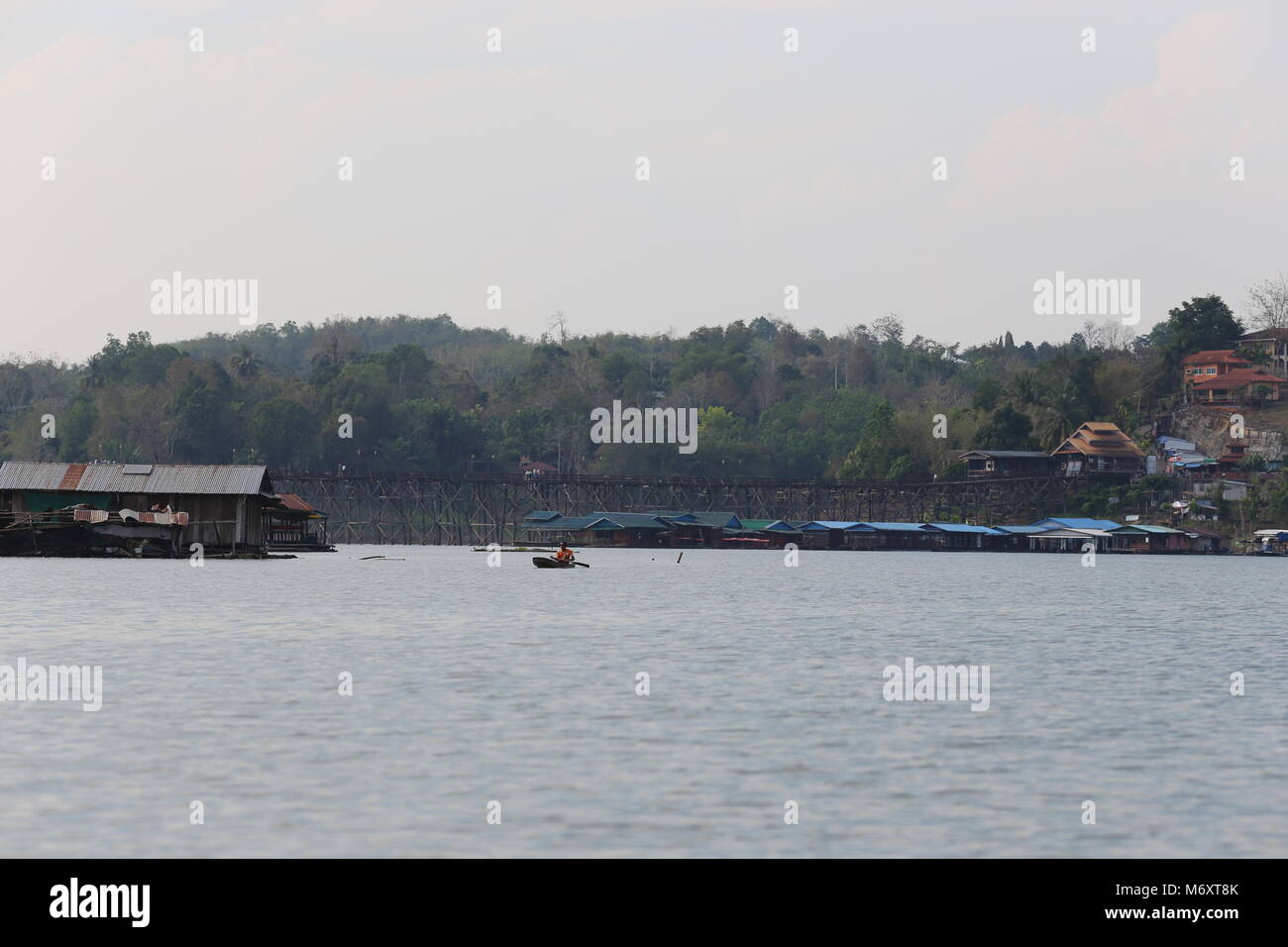 The Mon Bridge in Sangklaburi, Kanchanaburi Province, Thailand. Stock Photo