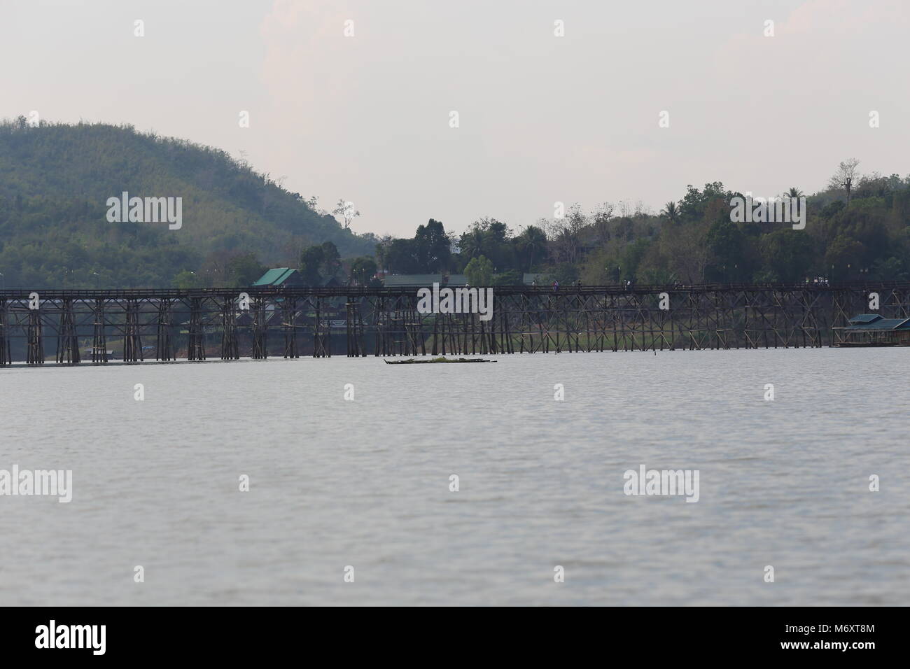 The Mon Bridge in Sangklaburi, Kanchanaburi Province, Thailand. Stock Photo