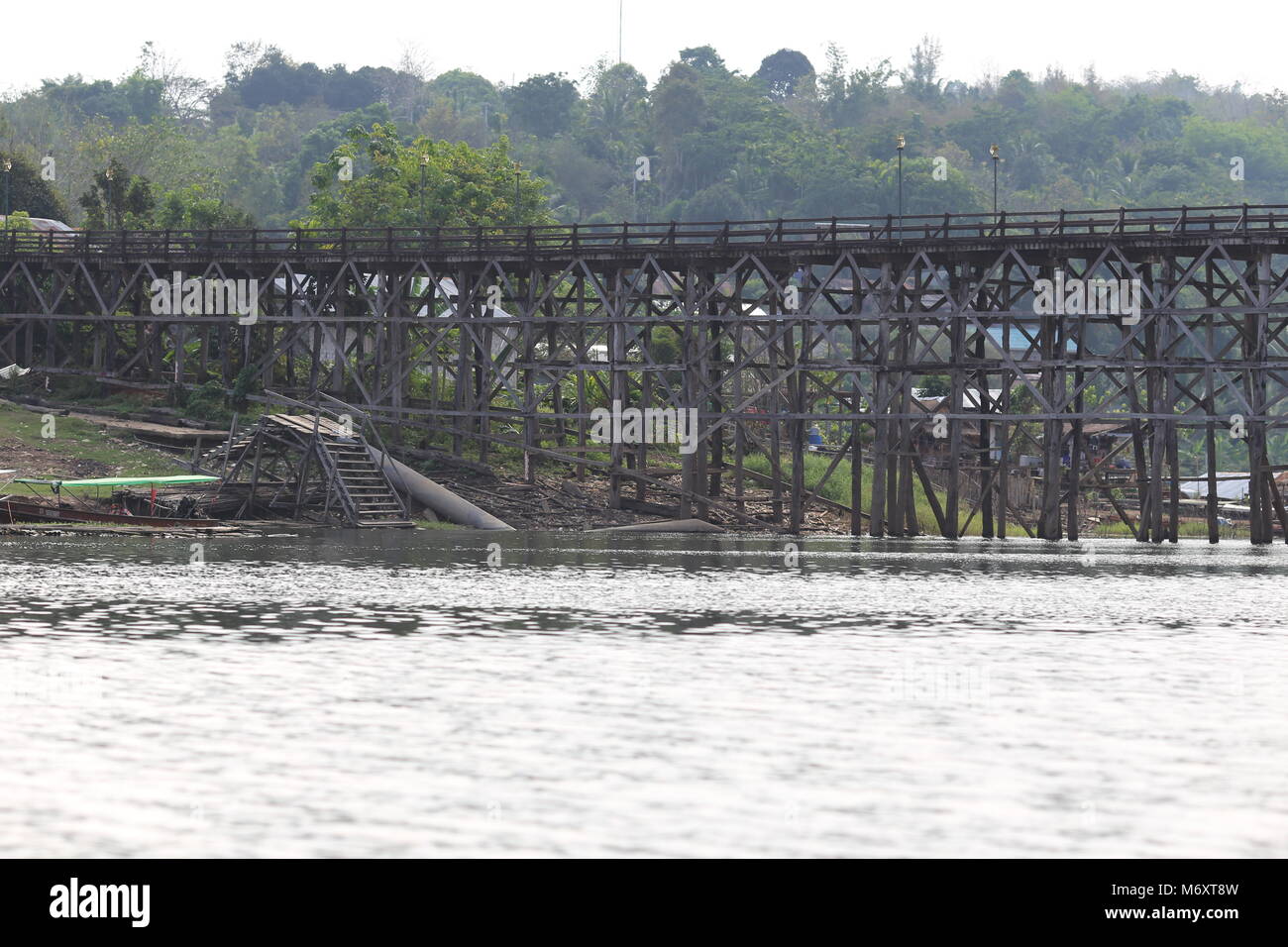 The Mon Bridge in Sangklaburi, Kanchanaburi Province, Thailand. Stock Photo