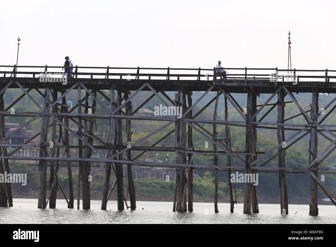 The Mon Bridge in Sangklaburi, Kanchanaburi Province, Thailand. Stock Photo