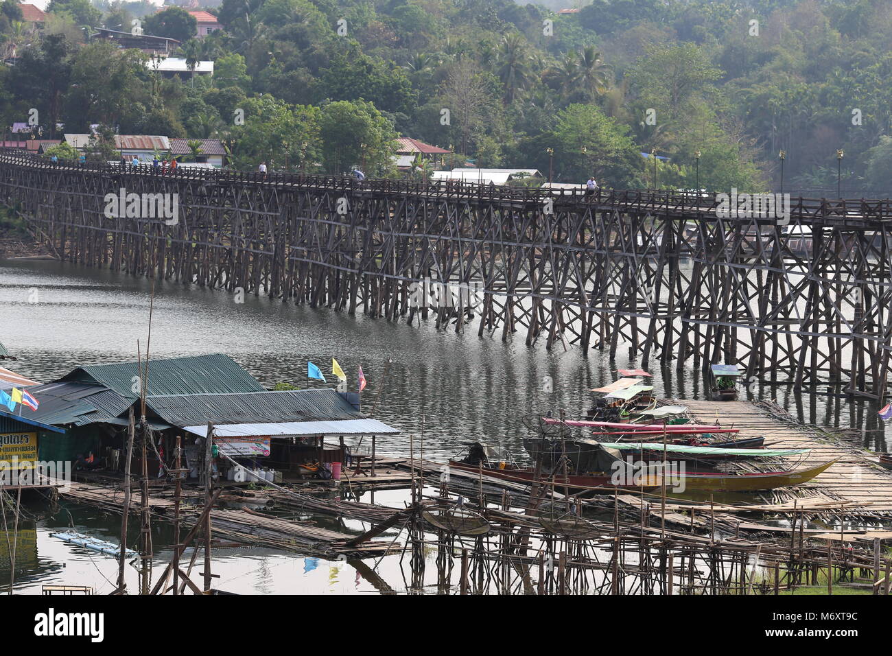 The Mon Bridge in Sangklaburi, Kanchanaburi Province, Thailand. Stock Photo