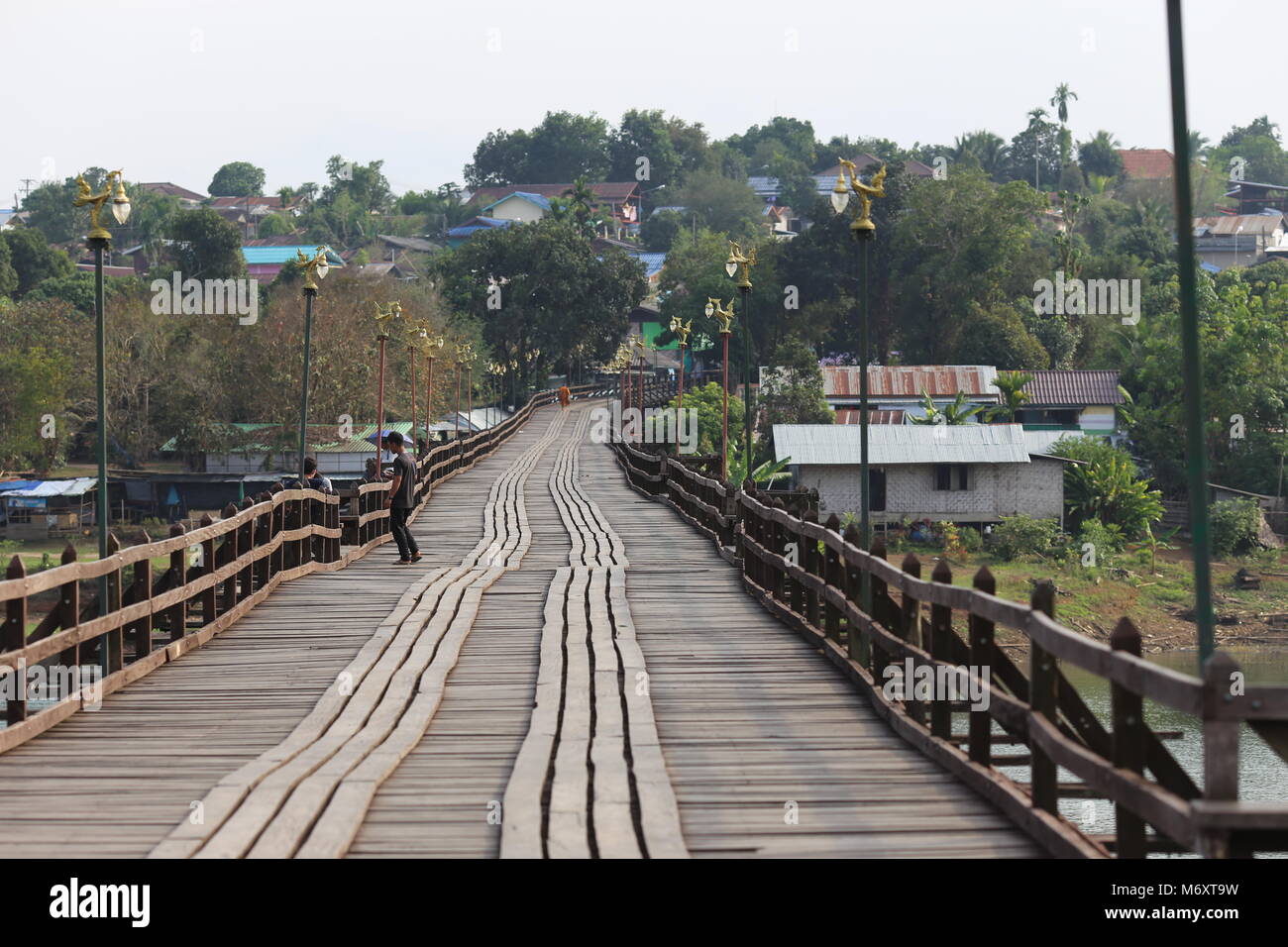 The Mon Bridge in Sangklaburi, Kanchanaburi Province, Thailand. Stock Photo