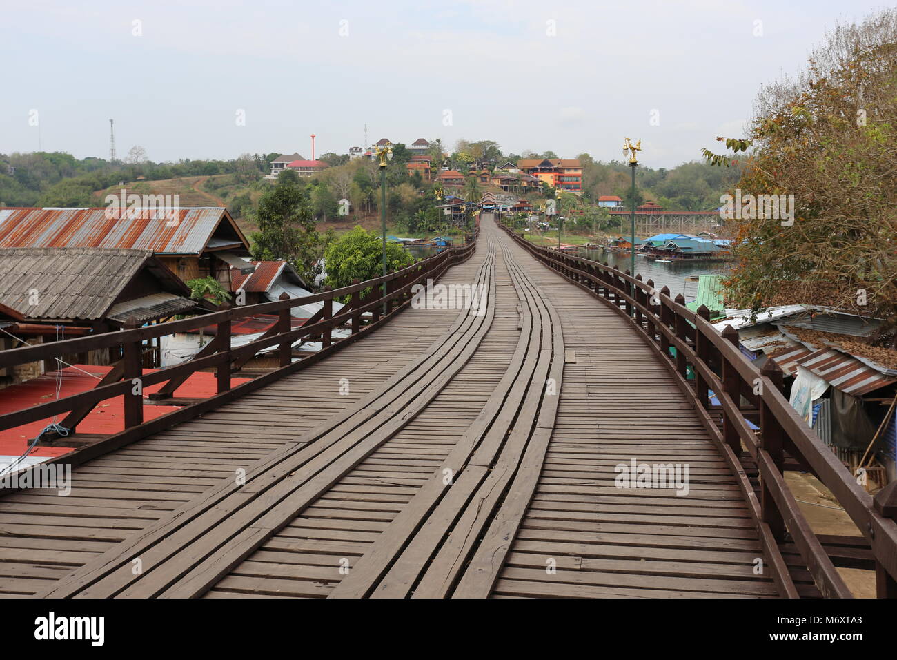 The Mon Bridge in Sangklaburi, Kanchanaburi Province, Thailand. Stock Photo