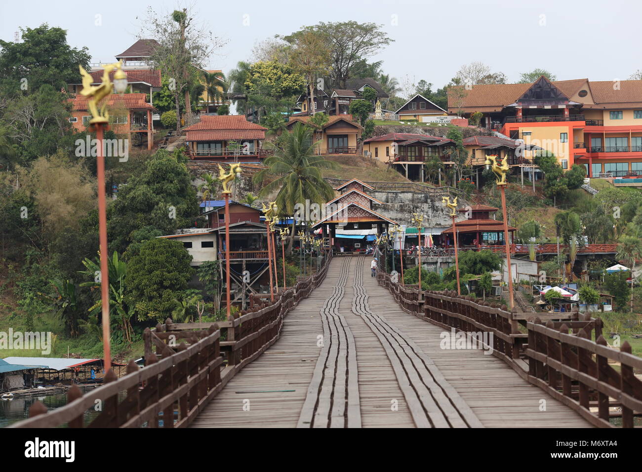 The Mon Bridge in Sangklaburi, Kanchanaburi Province, Thailand. Stock Photo