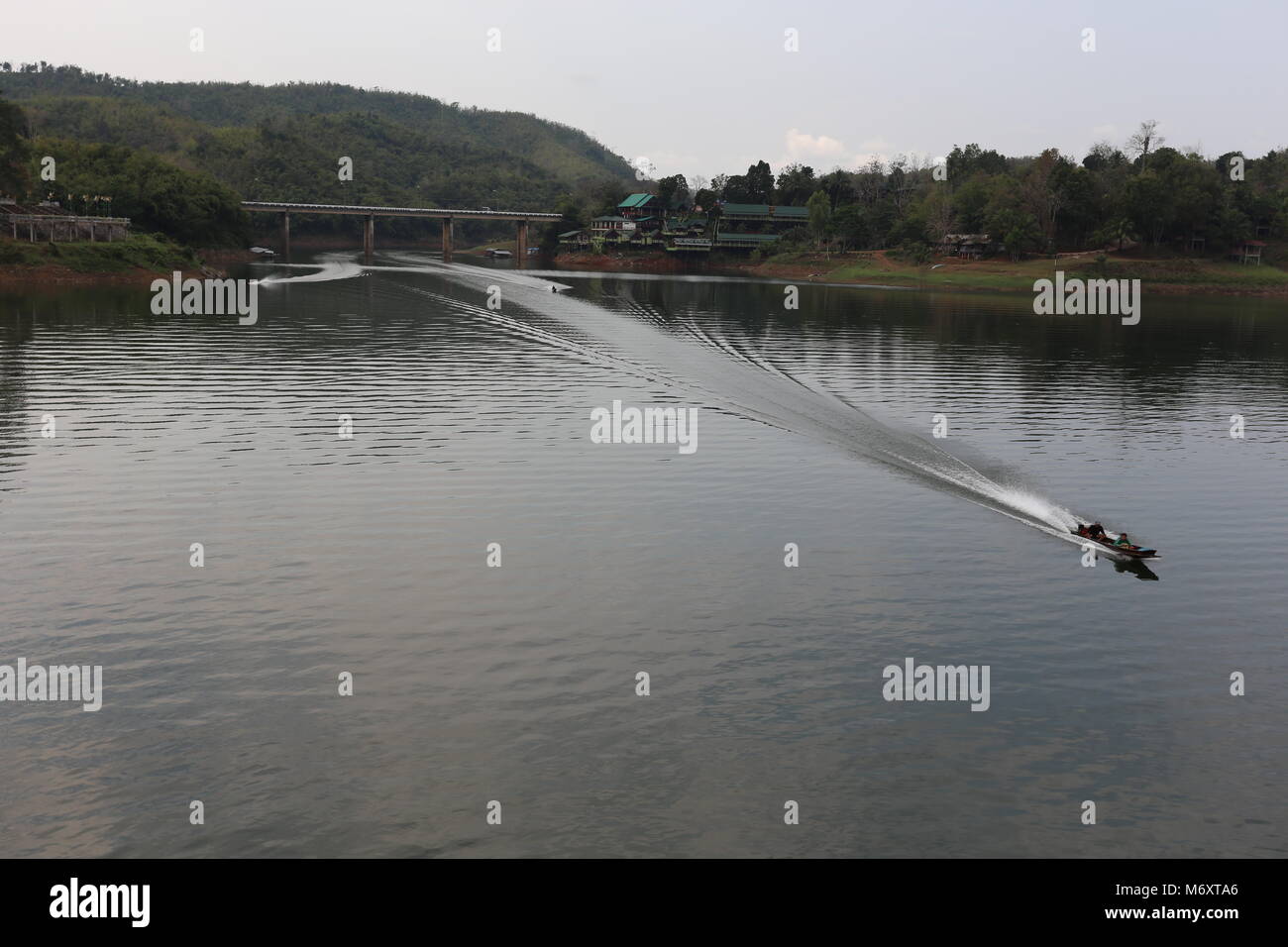 The Mon Bridge in Sangklaburi, Kanchanaburi Province, Thailand. Stock Photo
