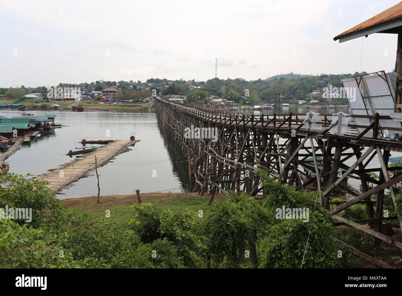 The Mon Bridge in Sangklaburi, Kanchanaburi Province, Thailand. Stock Photo