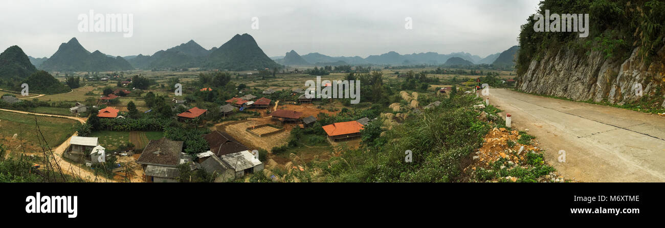 Mountain village at rainy day in Cao Bang Province, Vietnam. Stock Photo