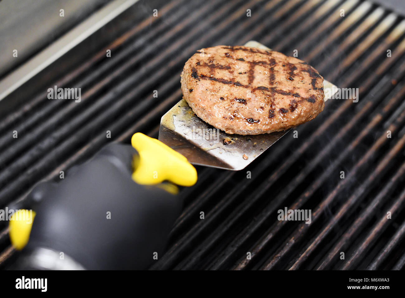 https://c8.alamy.com/comp/M6XWA3/chef-cooking-a-hamburger-patty-on-an-electric-grill-or-griddle-turning-M6XWA3.jpg