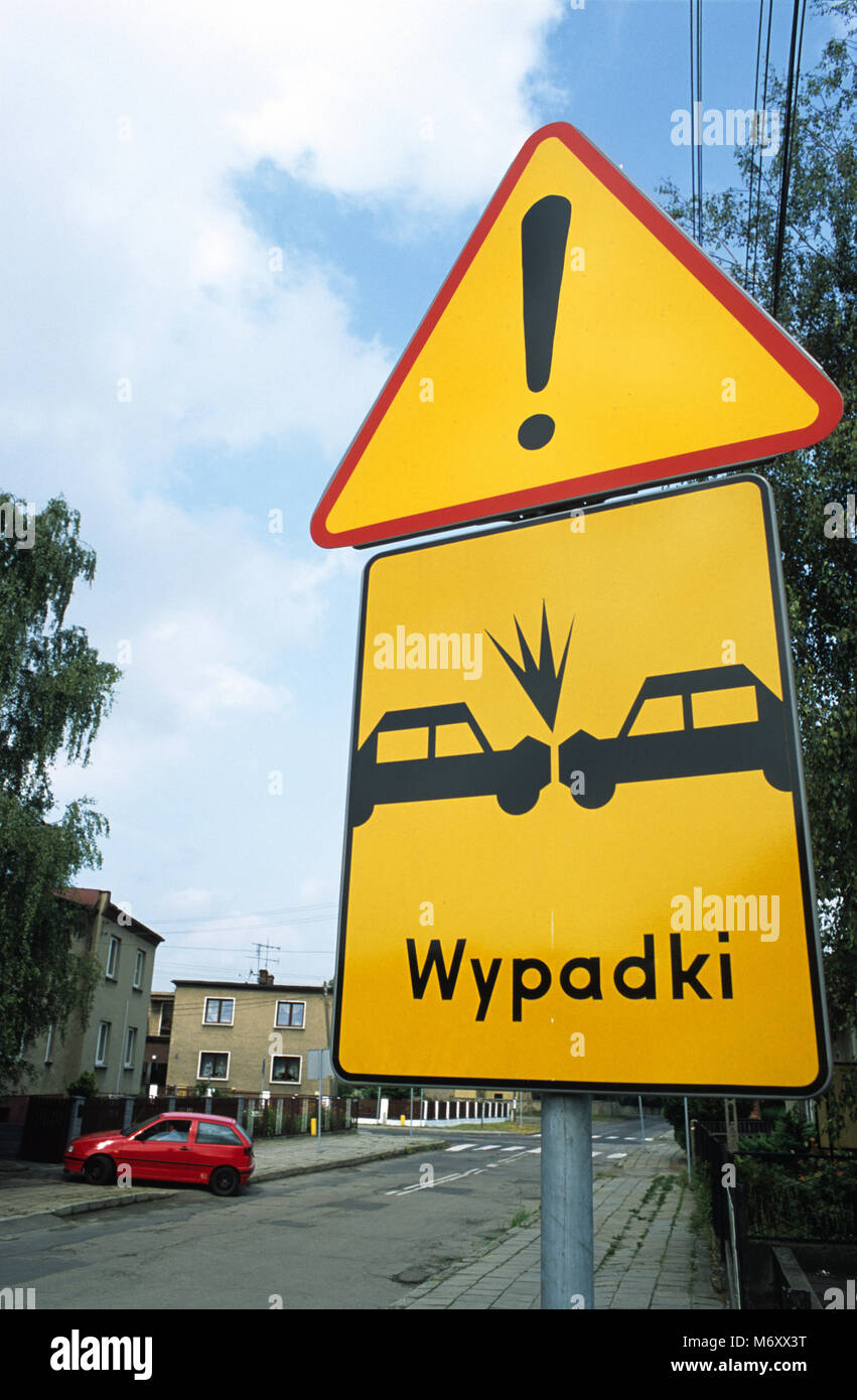 Warning road sign for a traffic accident blackspot in Tarnowski Gory in Poland Stock Photo