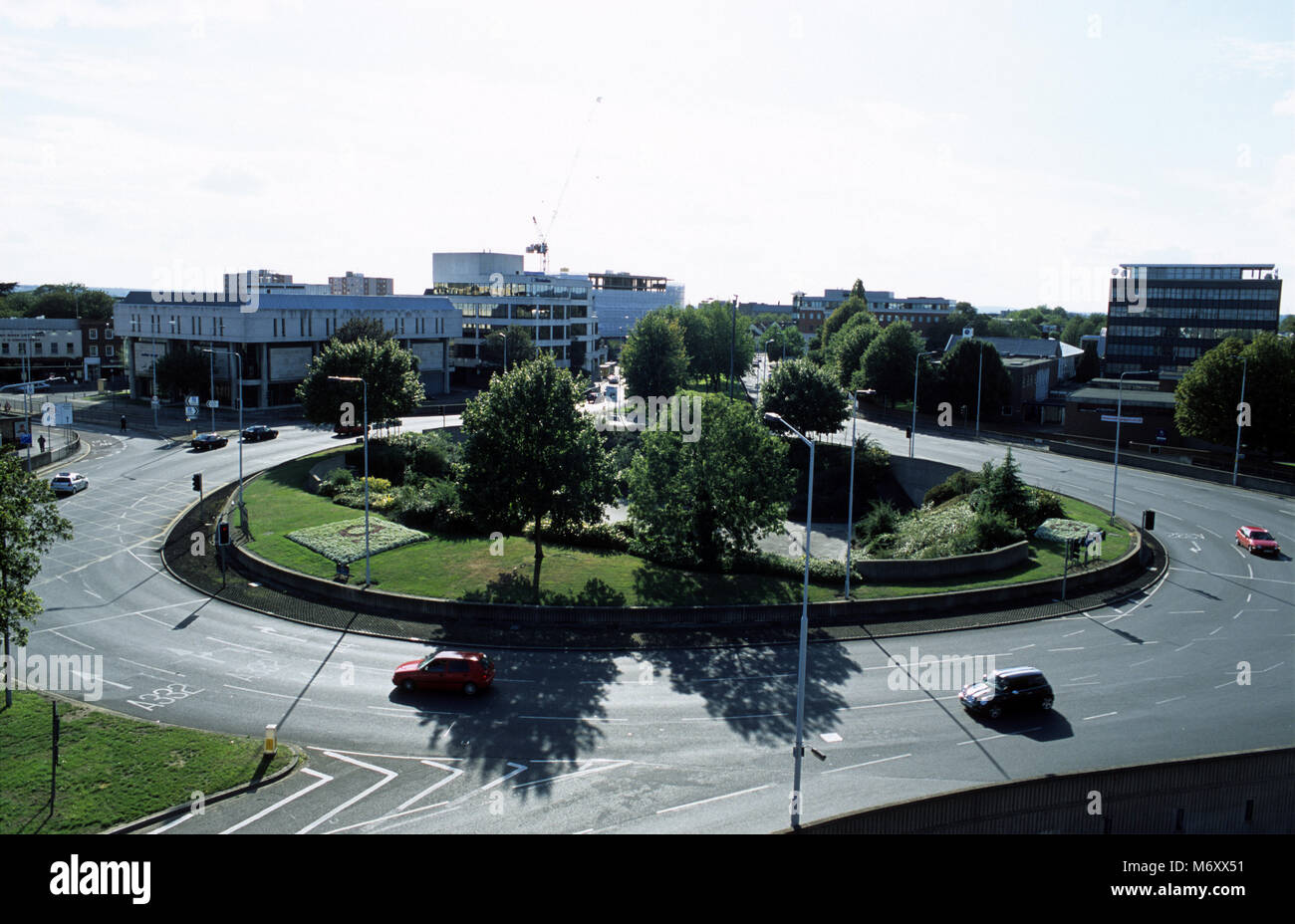 Roundabout in central Slough made famous by hit BBC comedy series The Office staring Ricky Gervais. It has now been filled in as part of a regneration Stock Photo