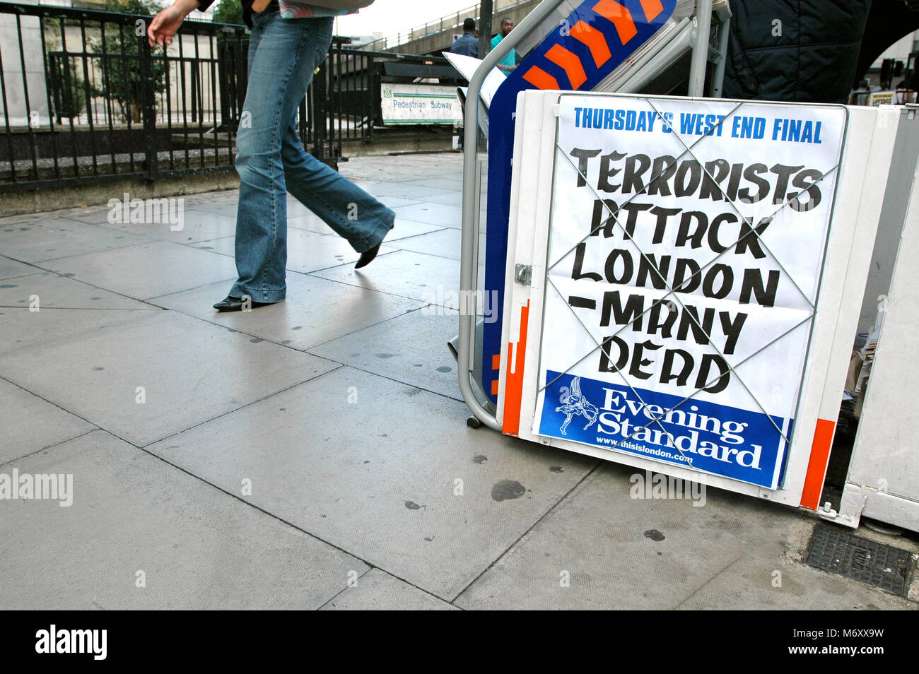 7/7/05. London Terrorist Bomb Attacks . Evening Standard newspaper headline billboard near Edgware Road Station, London, UK. . Stock Photo