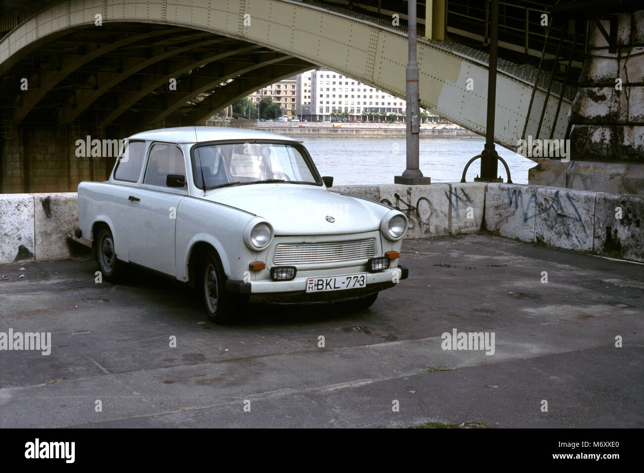 A Trabant saloon car in Budapest, Hungary. By the River Danube. Stock Photo