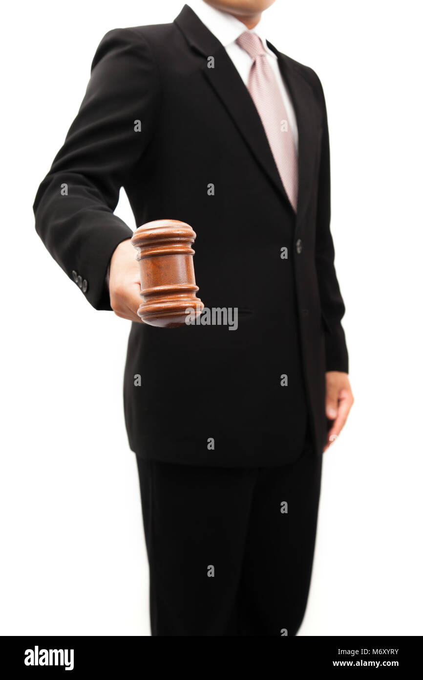 Businessman holder wooden justice in the hands Stock Photo Alamy
