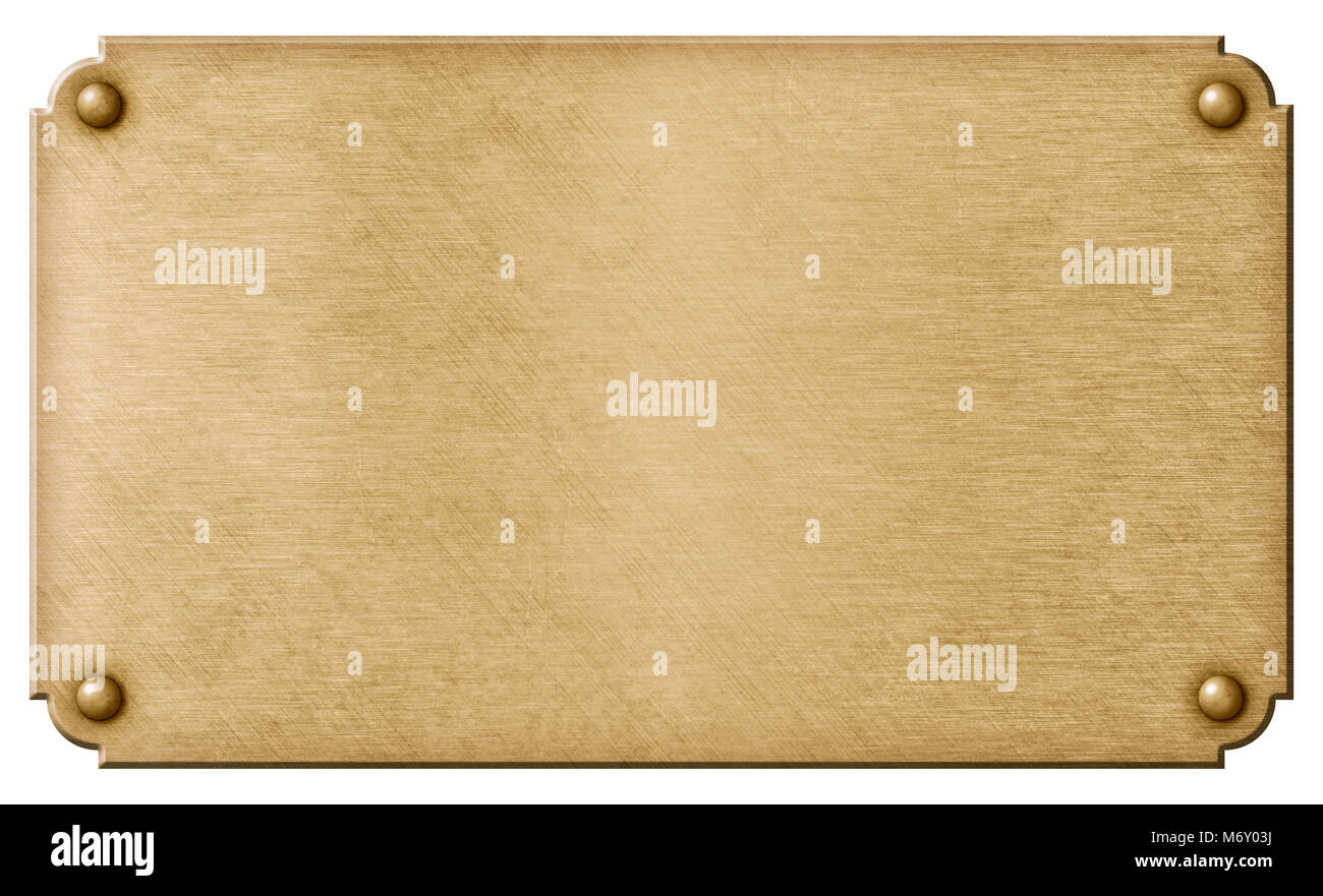 old bronze metal plate or nameboard with rivets isolated on white Stock Photo
