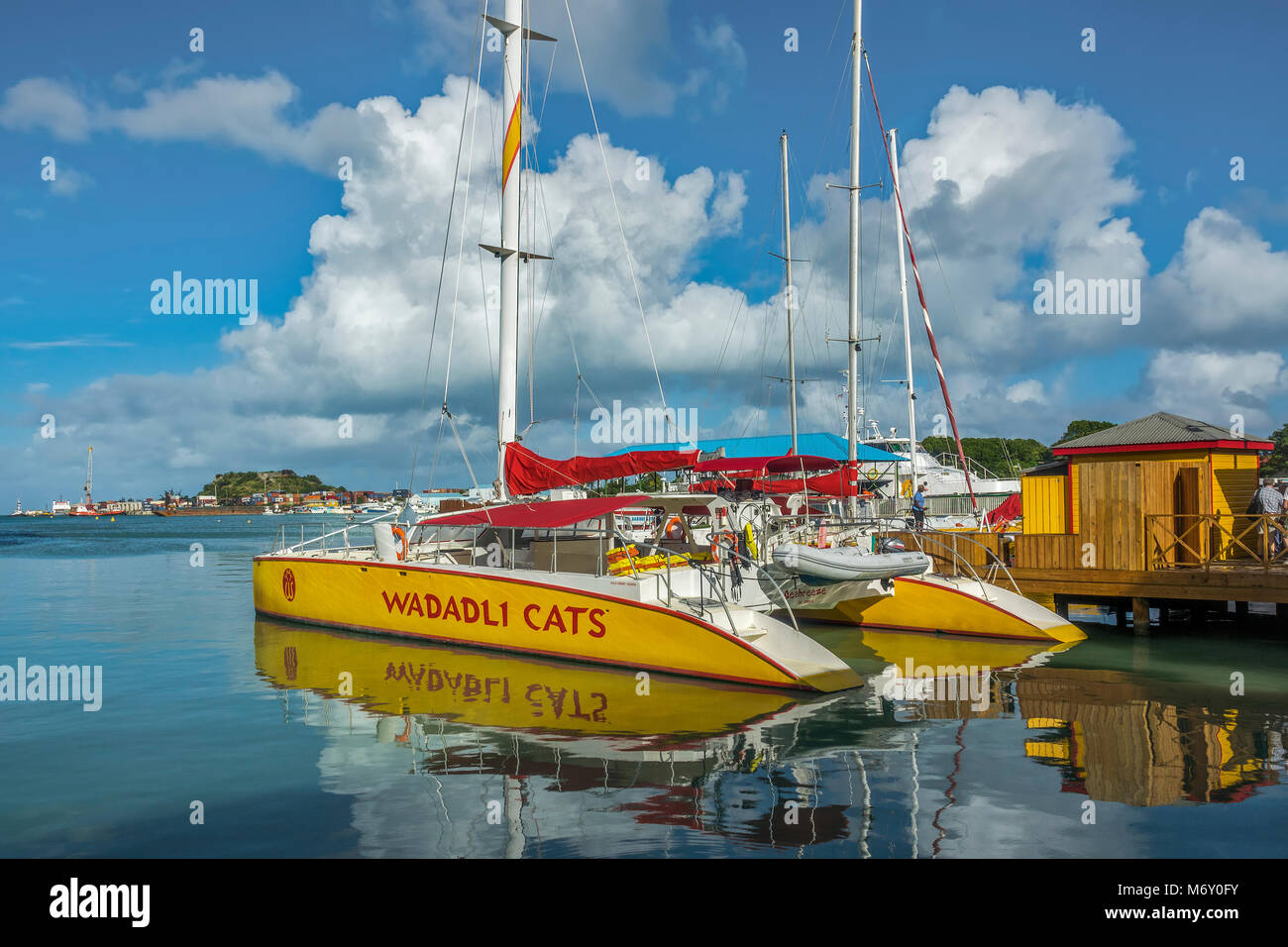 Catamarans Moored, Antigua, West Indies Stock Photo