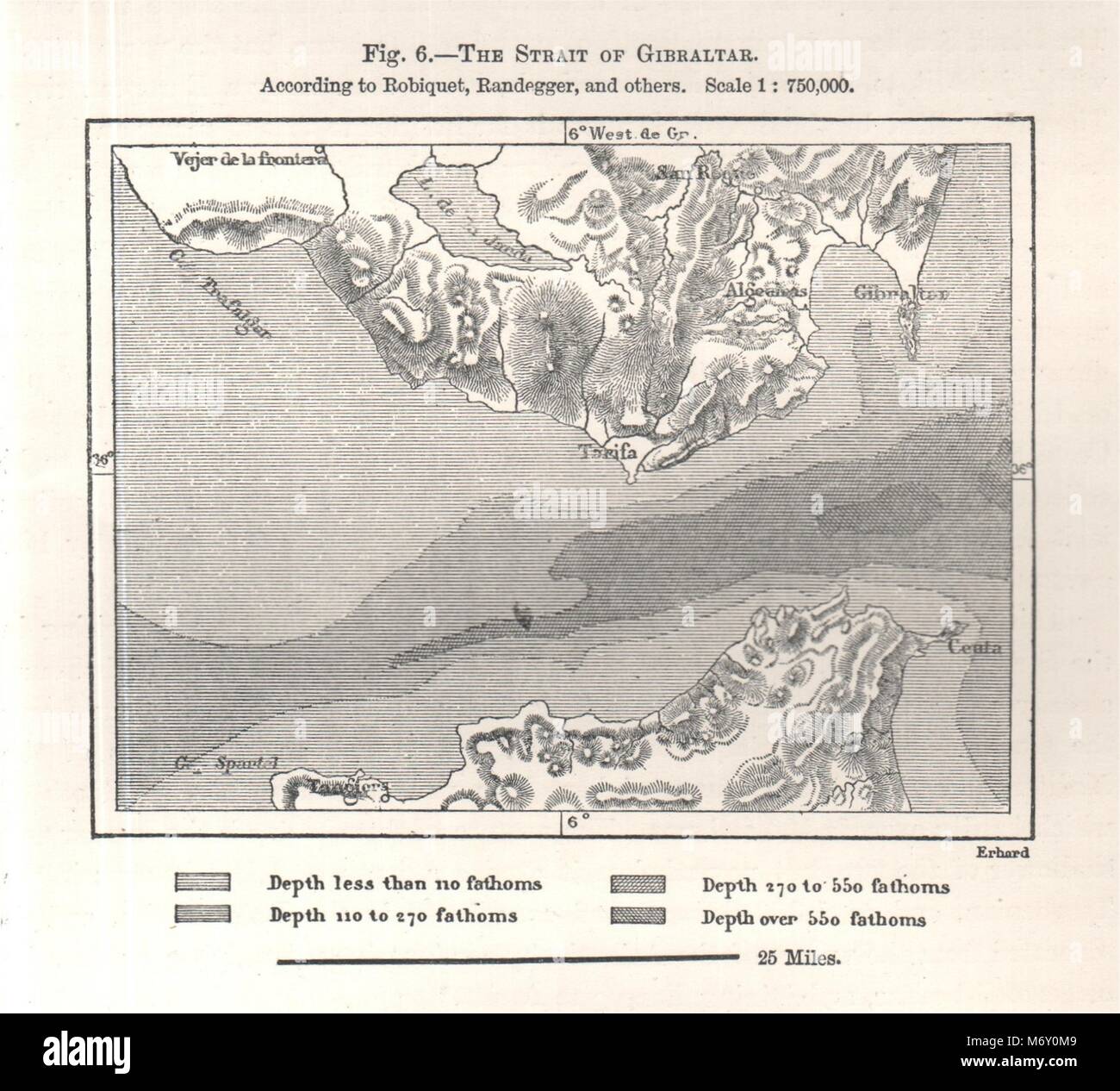 The Strait of Gibraltar per Robiquet, Randegger et al. Sketch map 1885 old Stock Photo