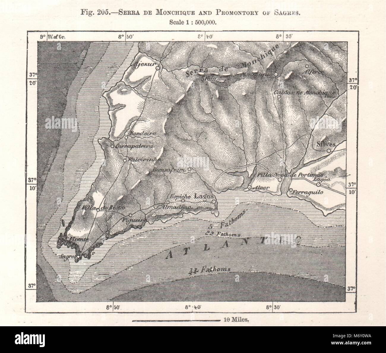 Serra de Monchique & Sagres Promontory. Lagos Algarve Portugal. Sketch map 1885 Stock Photo