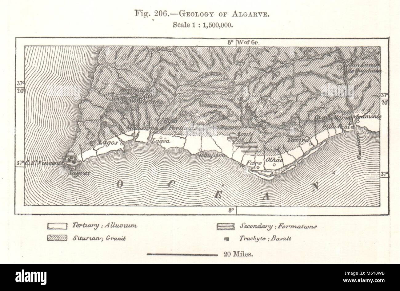 Geology of Algarve. Portugal. Sketch map 1885 old antique plan chart Stock Photo